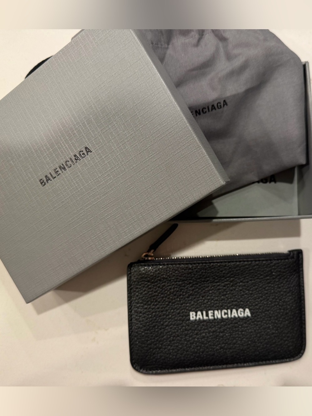 Balenciaga Black Pebbled Leather Zip Card Holder